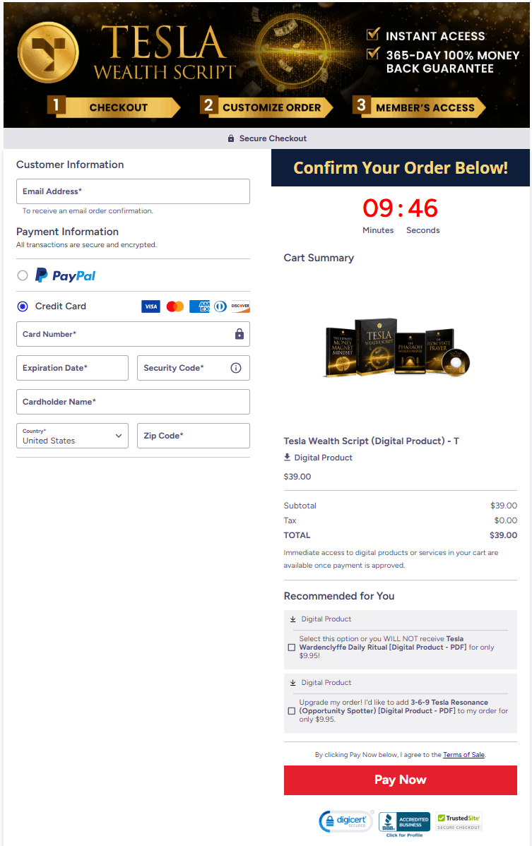 Tesla  Wealth Script Checkout Page